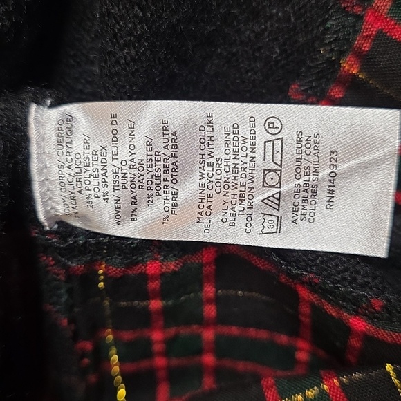 Loft Black red green gold Plaid Layered Mixed Media Cable Sweater keyhole size L - Picture 12 of 12